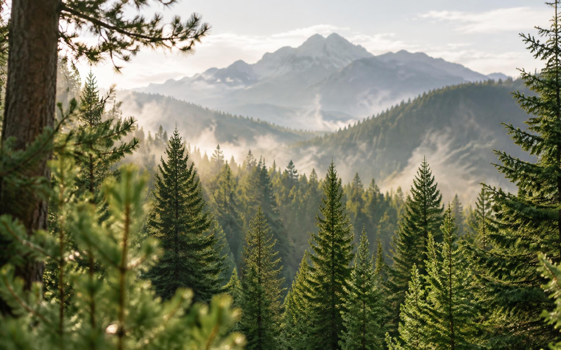 Bosque de pinos con luz de la mañana y vapor limpio, símbolo del balance neutro de CO₂ de los pellets