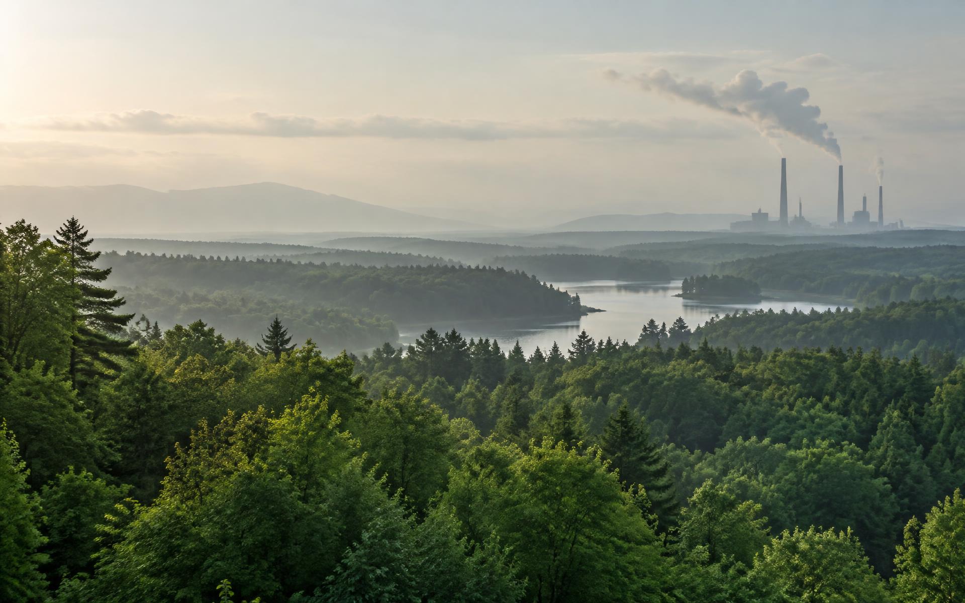 Planeta con calentamiento global junto a chimeneas industriales y un bosque verde