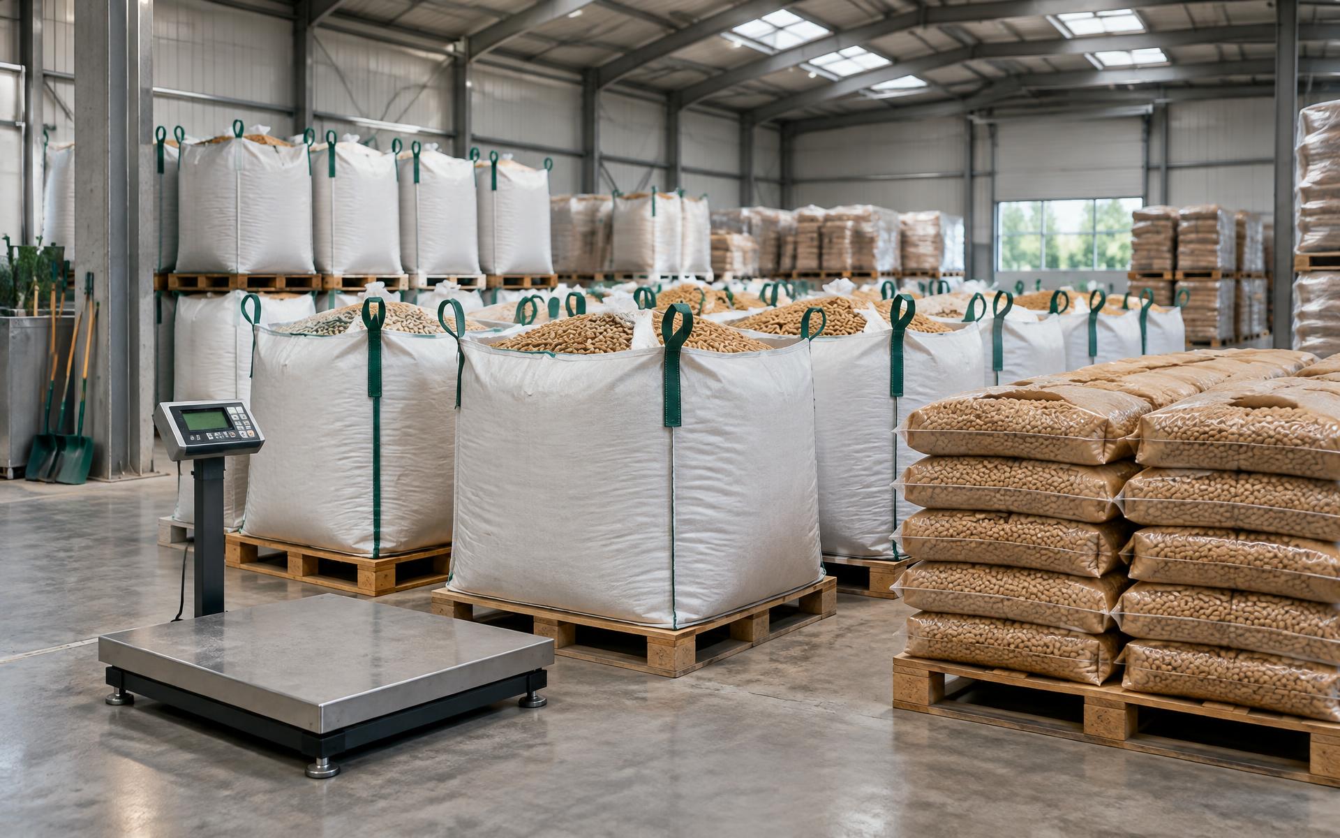 Bodega con big-bags y sacos de pellets de madera junto a una balanza industrial