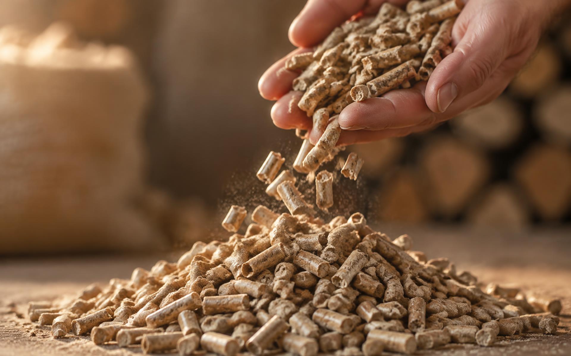Pellets de madera de primera calidad cayendo de una mano en primer plano